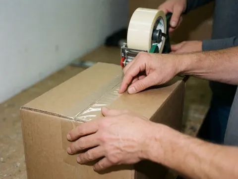Close-up of hands using a tape dispenser to seal a cardboard shipping box with clear packing tape for online store orders