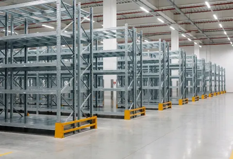 Interior of an empty modern logistics warehouse featuring metal shelving units, polished concrete floors, and LED lighting ready for inventory storage.