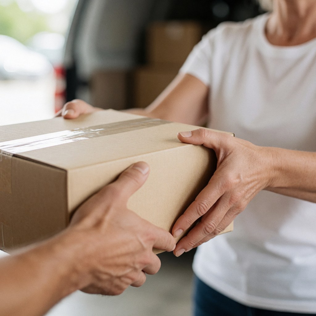 Close-up of hands handing over a sealed brown cardboard box in a logistics center with a blurred background and natural daylight