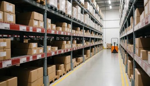 Industrial warehouse interior featuring tall metal shelving units filled with cardboard boxes, a pallet jack on the floor, and yellow safety lines marking the walkway.