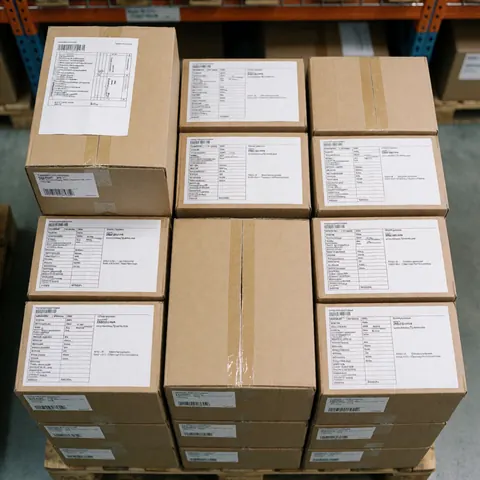 Stacked cardboard boxes on wooden pallets ready for logistics distribution and warehouse storage