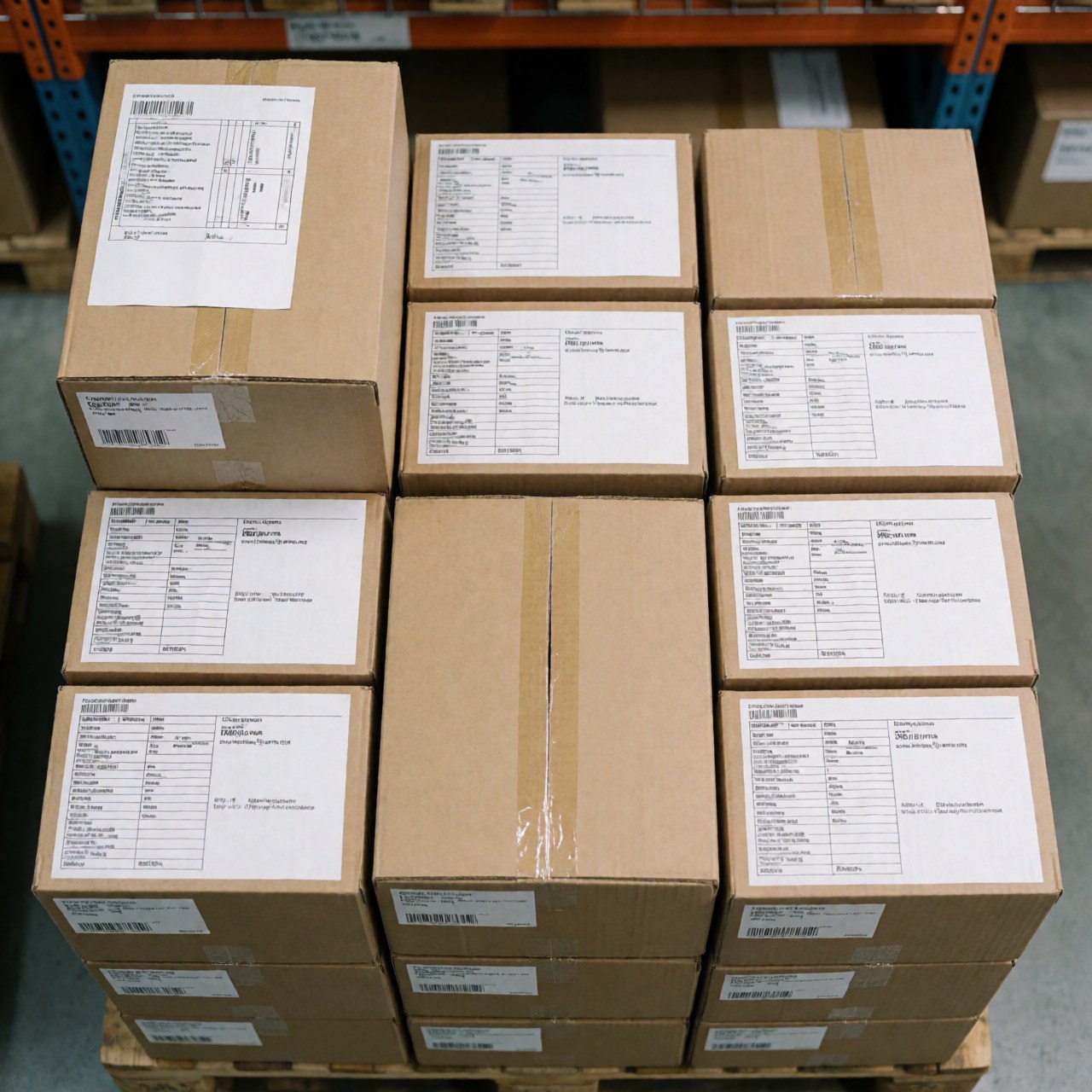 Stacked cardboard boxes on wooden pallets ready for logistics distribution and warehouse storage