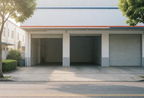 Exterior view of a white industrial warehouse building featuring large metal loading dock doors and a paved driveway under soft morning light.