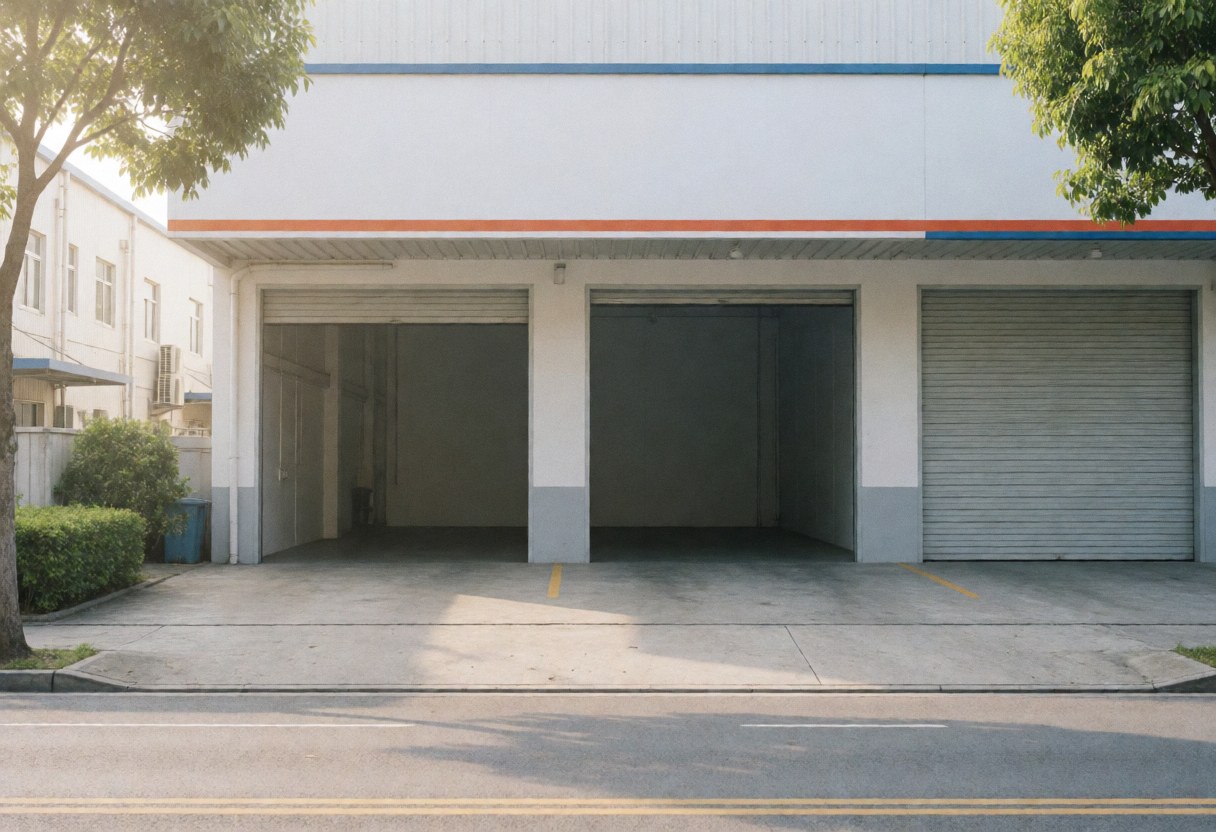 Exterior view of a white industrial warehouse building featuring large metal loading dock doors and a paved driveway under soft morning light.