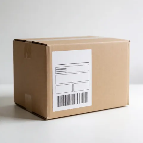 A white shipping package with a barcode label placed on a clean, minimalist white background for logistics and distribution