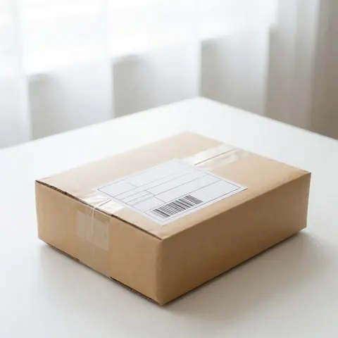 A sealed shipping package resting on a plain white surface, ideal for logistics and product display imagery