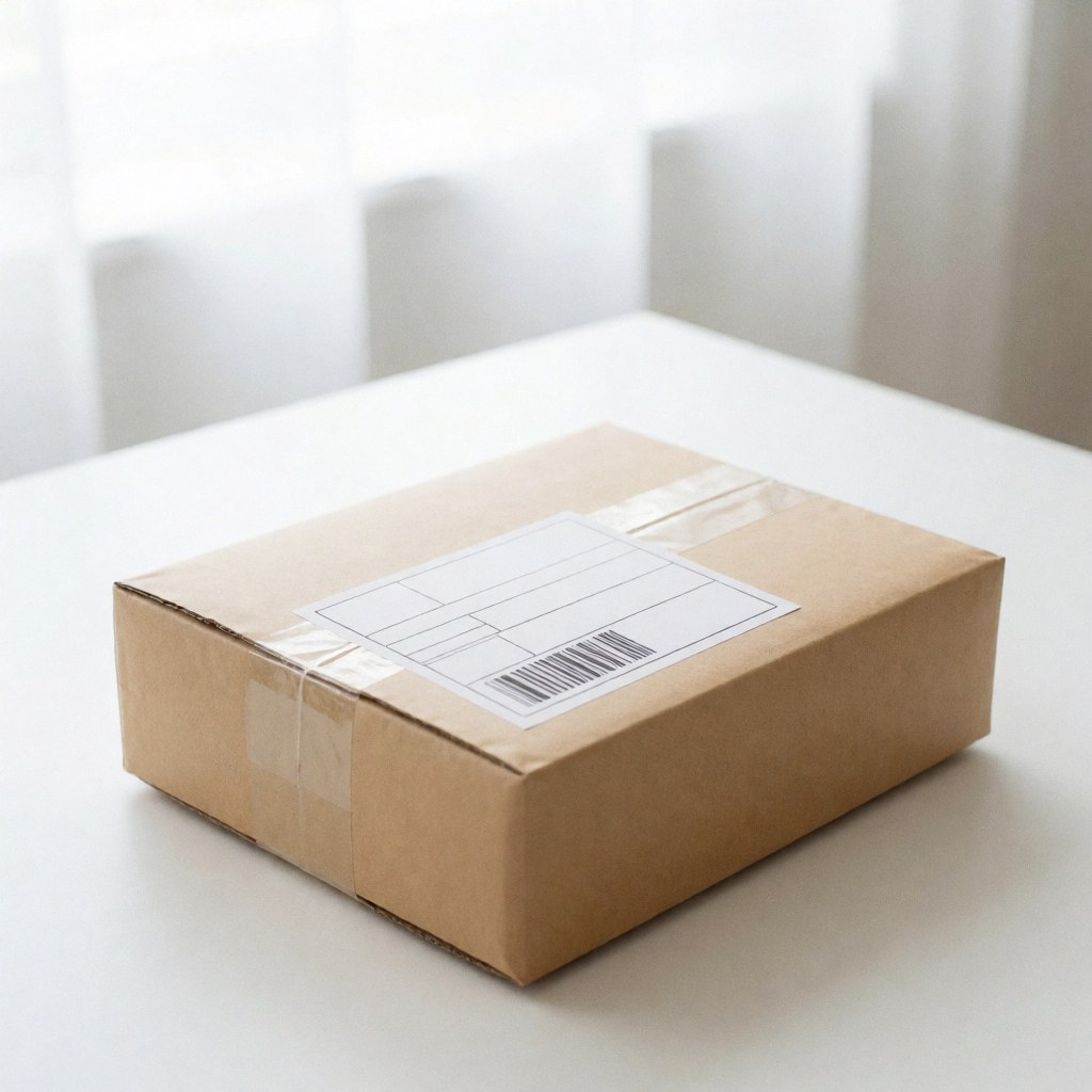 A sealed shipping package resting on a plain white surface, ideal for logistics and product display imagery
