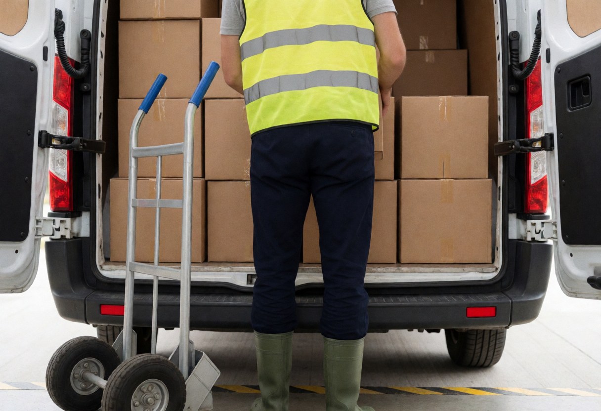A logistics worker in a safety vest and boots loads boxes into the back of a white van, with a hand truck nearby.