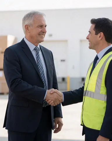A logistics business owner and driver shake hands and smile in a warehouse, wearing a suit and reflective vest, showing confidence and successful delivery.