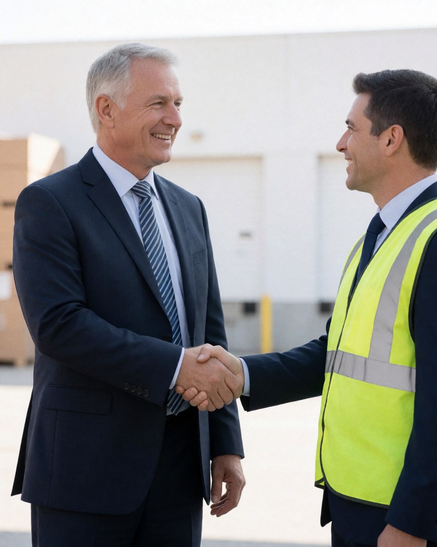 A logistics business owner and driver shake hands and smile in a warehouse, wearing a suit and reflective vest, showing confidence and successful delivery.