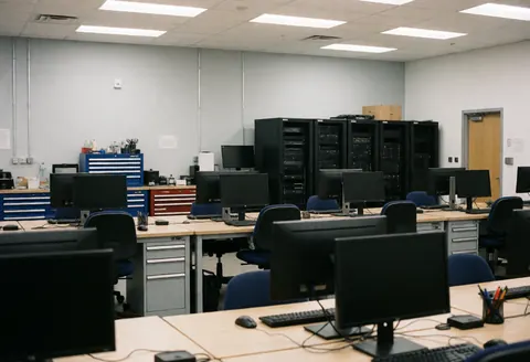 Empty technical support office featuring servers, workstations, chairs, tools, gray walls, and industrial lighting in a professional setting.