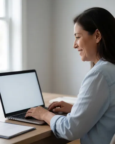 Happy adult woman smiling while working on her laptop at a wooden desk at home with natural light from the window.