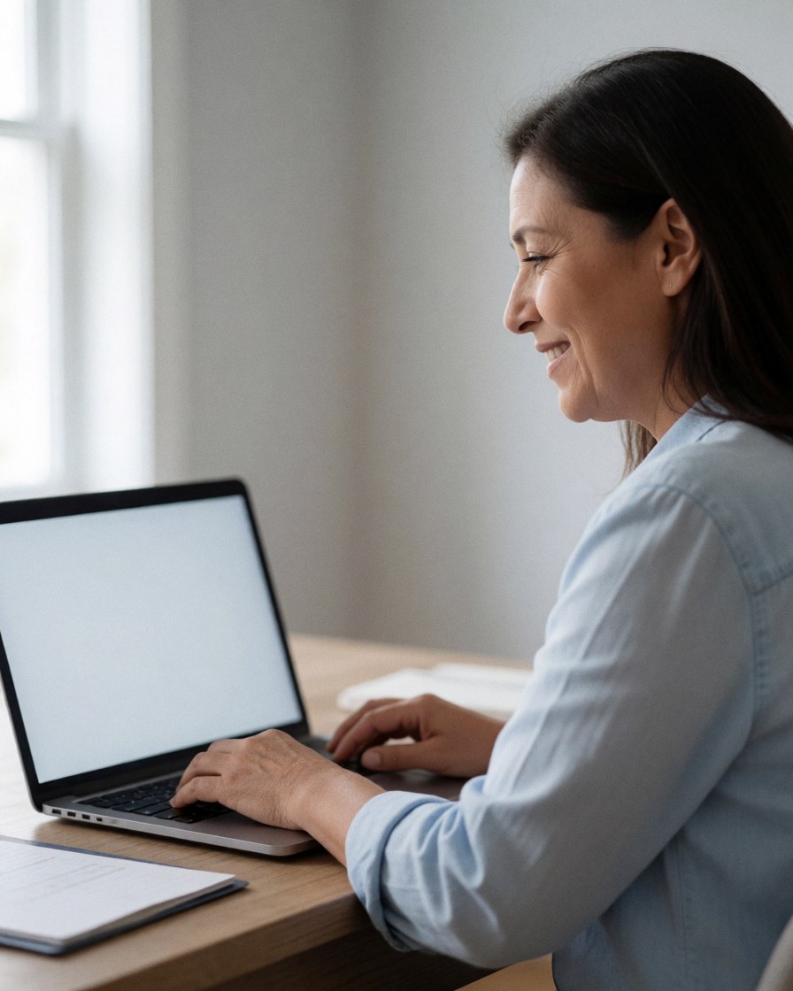 Happy adult woman smiling while working on her laptop at a wooden desk at home with natural light from the window.