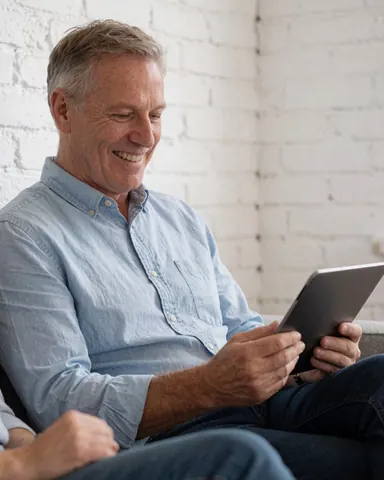 A smiling man relaxing at home while studying an online course on a white brick wall background