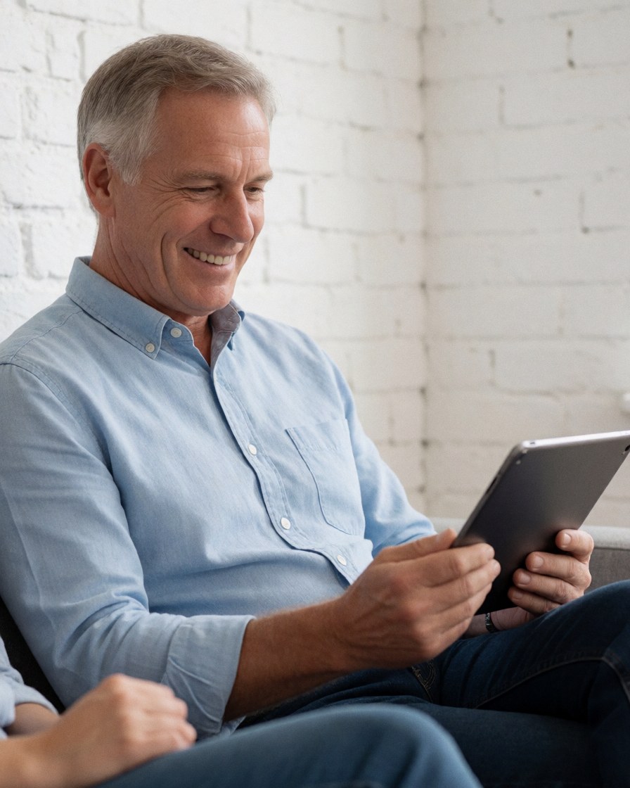 A smiling man relaxing at home while studying an online course on a white brick wall background