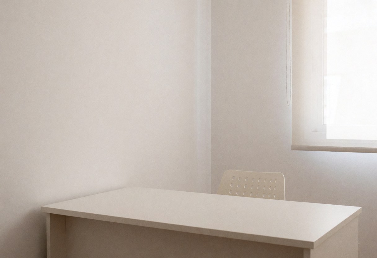Clean minimalist consultation room with white walls, natural light, desk, and chair for nutrition business