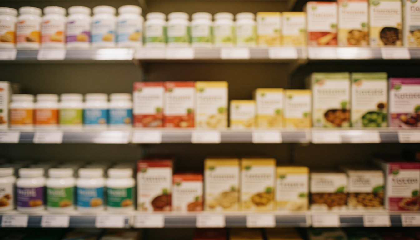Blurred background of shelves stocked with supplements and healthy food boxes in a nutrition store, featuring warm and calm tones suitable for commercial text overlays.