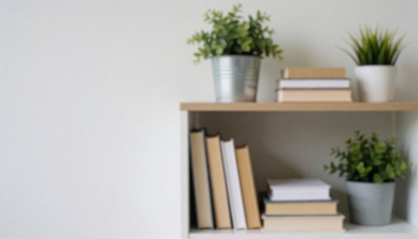 A clean office interior featuring wooden shelves filled with books and green plants, providing a calm and professional backdrop for text overlays related to nutrition and wellness.