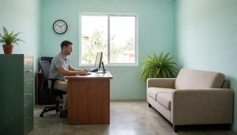 A man working on a computer at a wooden desk in a small office with turquoise walls, a beige sofa, and natural light from a large window.