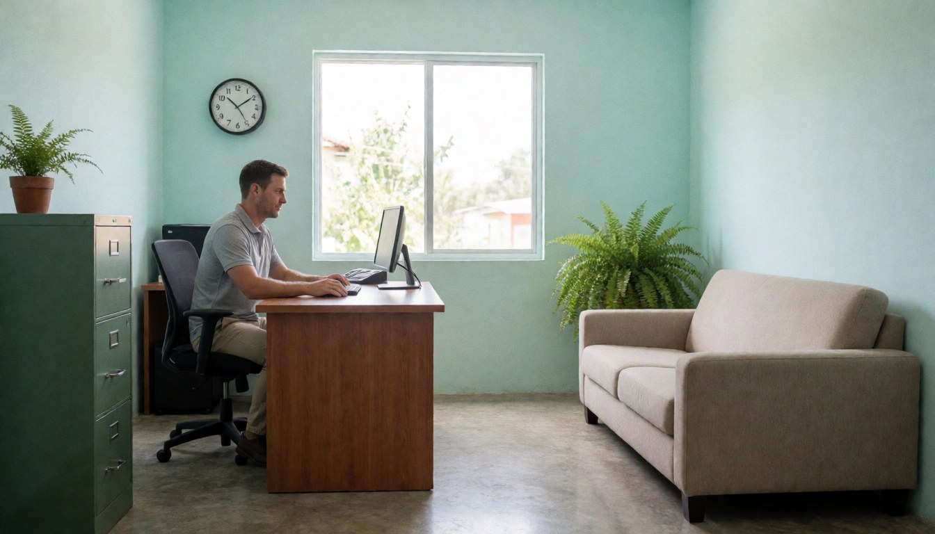 A man working on a computer at a wooden desk in a small office with turquoise walls, a beige sofa, and natural light from a large window.