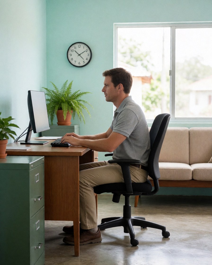 Professional man using a laptop at a desk in a bright office with turquoise walls, a sofa, a clock, and a plant.