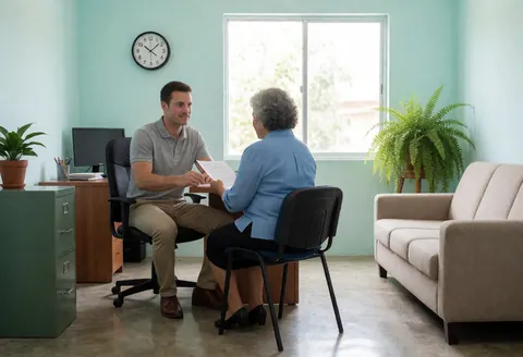 A recruiter and client review documents while seated in an office with turquoise walls, a plant, a sofa, and a large window letting in natural light.