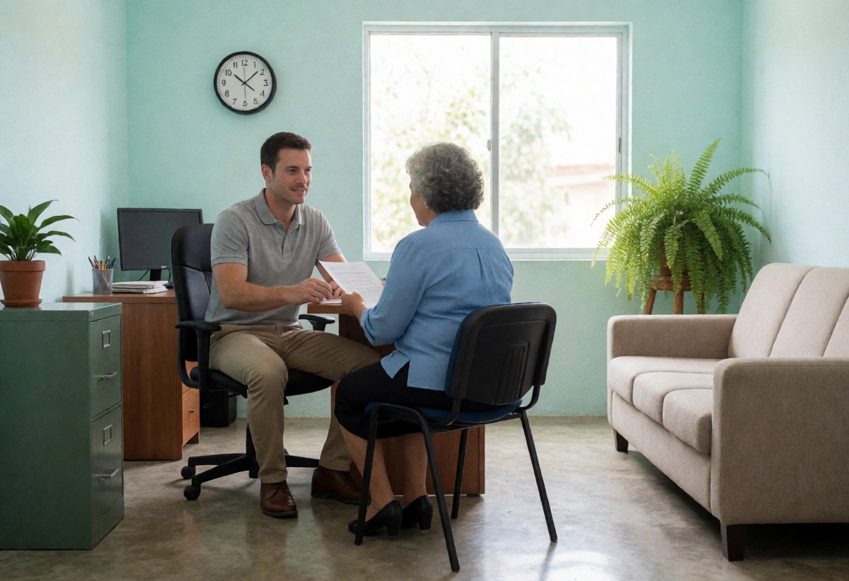 A recruiter and client review documents while seated in an office with turquoise walls, a plant, a sofa, and a large window letting in natural light.
