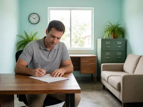 A close-up view of paperwork and a pen on a wooden desk in a small office with a turquoise wall, natural light, and office furniture.
