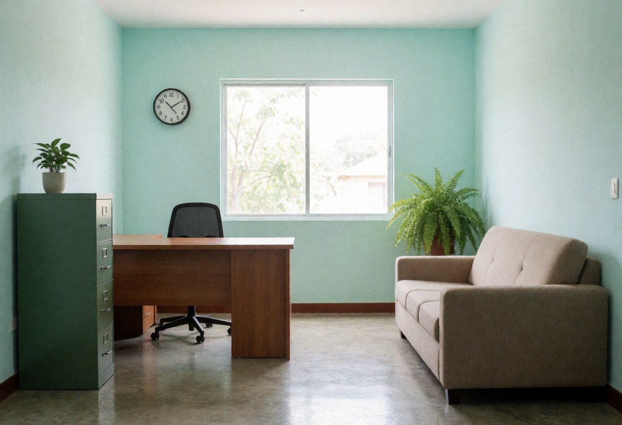 Small turquoise office with wooden desk, beige sofa, green filing cabinet, and window letting in natural light. Ideal for human resources.