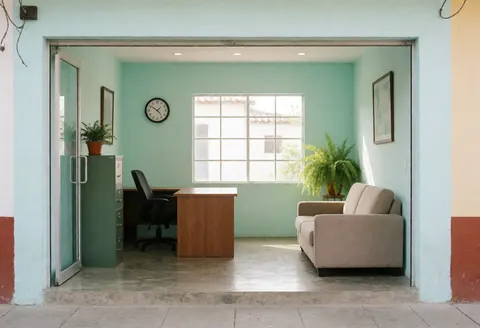Compact turquoise-walled office featuring a desk, sofa, and window, suitable for human resources and small business storefronts.