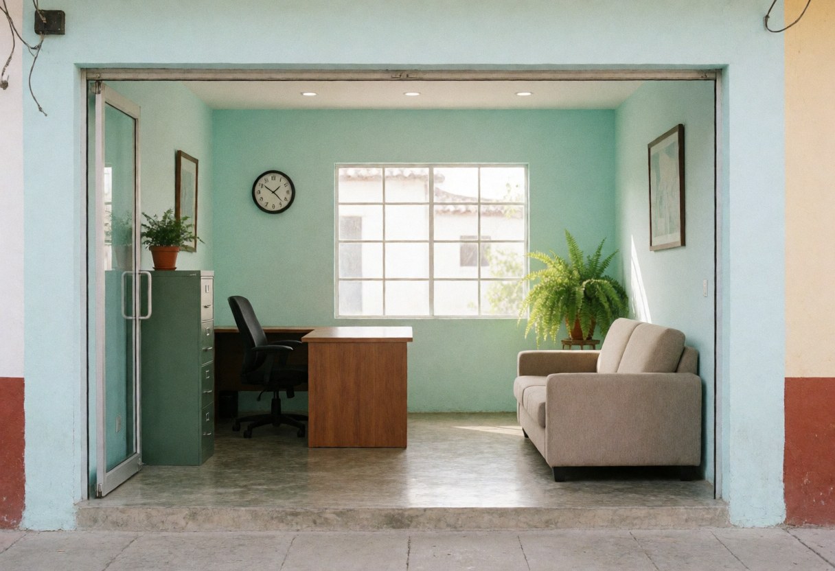 Compact turquoise-walled office featuring a desk, sofa, and window, suitable for human resources and small business storefronts.