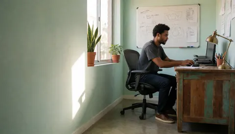 Young man using computer at wooden desk in green office with whiteboard, plant, and natural window light