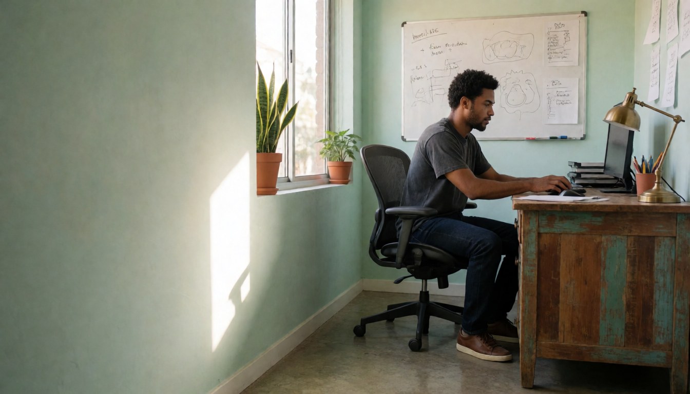 Young man using computer at wooden desk in green office with whiteboard, plant, and natural window light