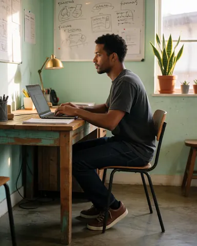 Young man working on a laptop at a wooden desk in an office with green walls, a whiteboard, and a plant near the window.