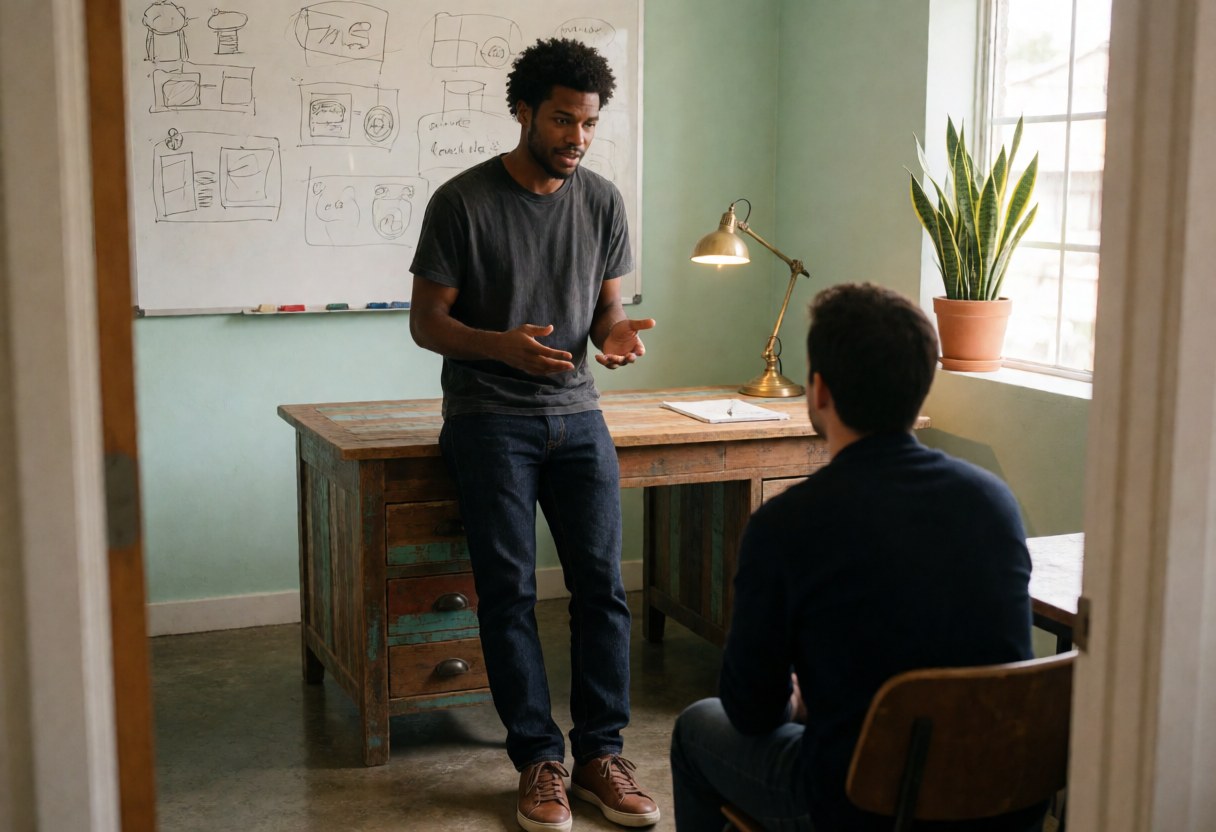 A man explains a design to a client seated in a modern office with a whiteboard, plant, and wooden table.