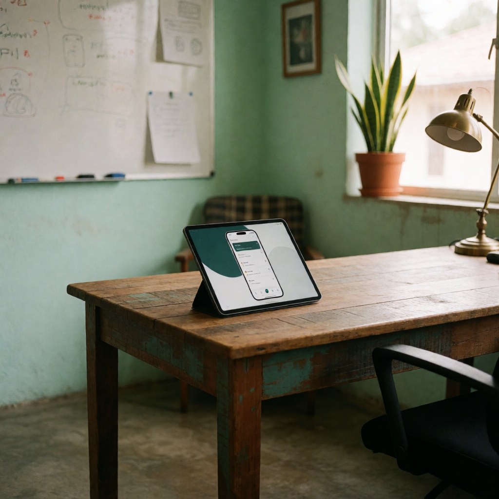 Tablet displaying an app interface on a rustic wooden desk with green walls, a window, a plant, and a vintage lamp, ideal for software startups.