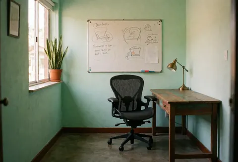 Empty tech startup workspace featuring green walls, wooden desk, ergonomic chair, sketchboard, and window plant