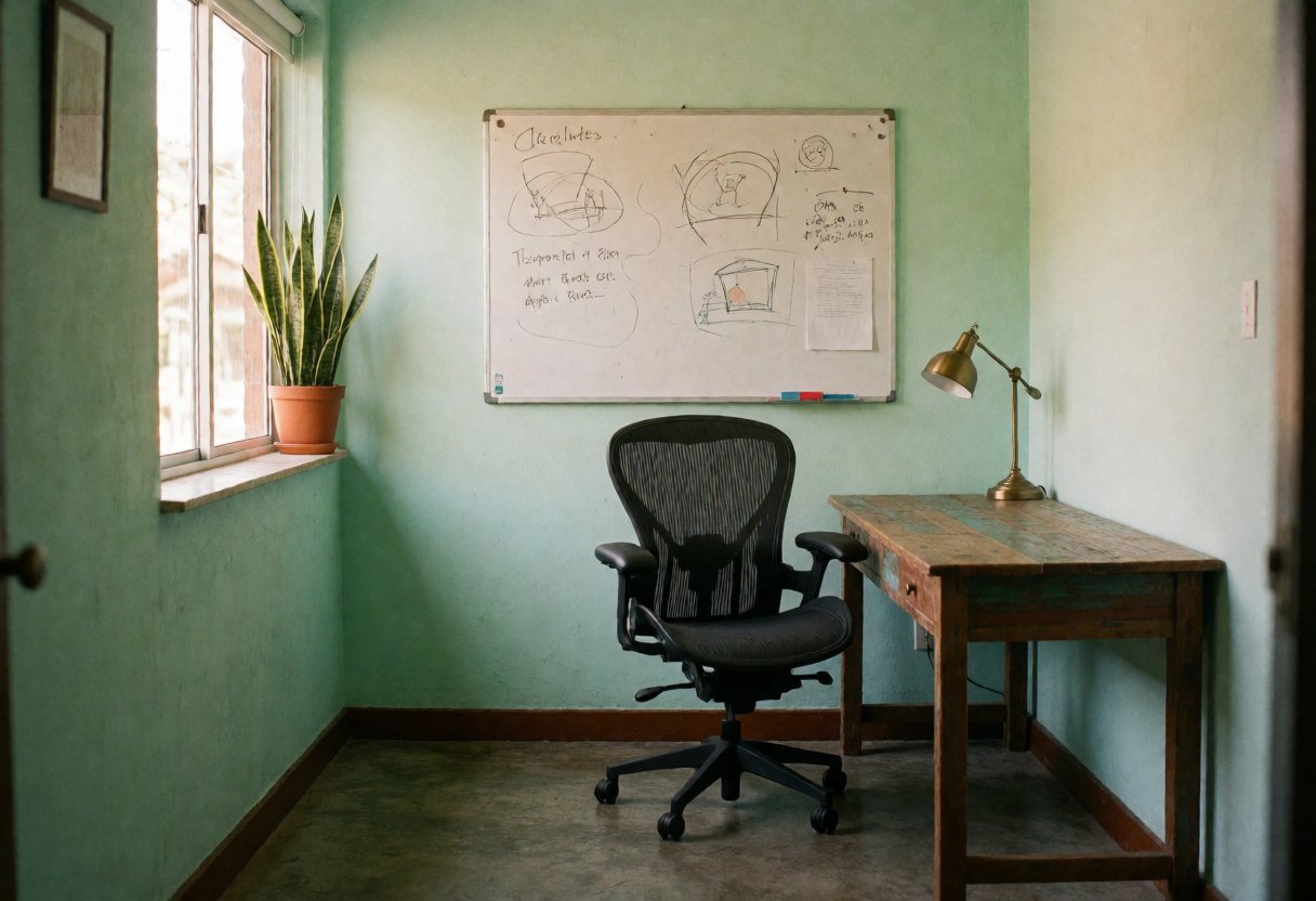 Empty tech startup workspace featuring green walls, wooden desk, ergonomic chair, sketchboard, and window plant