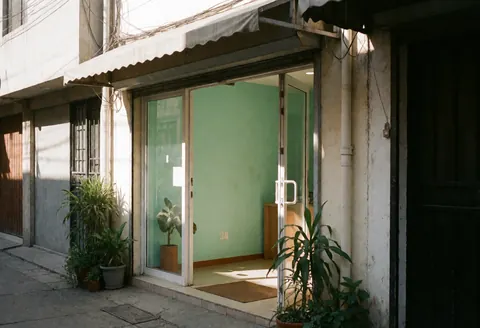 A welcoming office entrance featuring a glass door, green walls, and potted plants in a modest startup building facade.