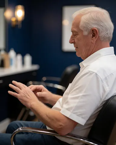 A senior man sits in a salon chair, looking satisfied with his newly treated hands against a dark blue wall with warm lighting.