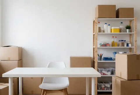 White desk and chair in an online workspace ready for operation, with wooden shelves and cardboard boxes, ideal for logistics and shipping.