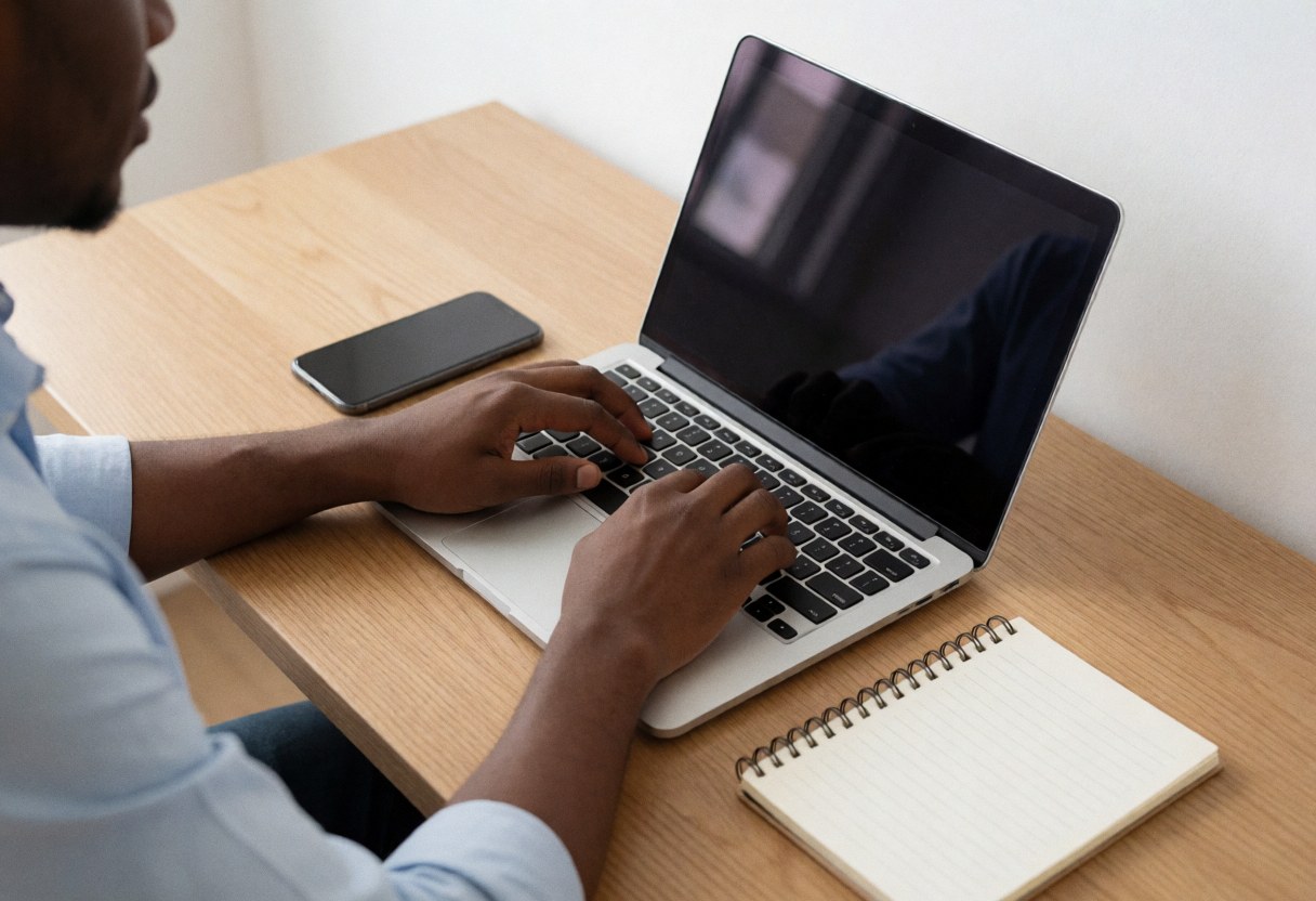 Person working on a laptop at a wooden desk with a smartphone and notebook nearby in a bright professional setting