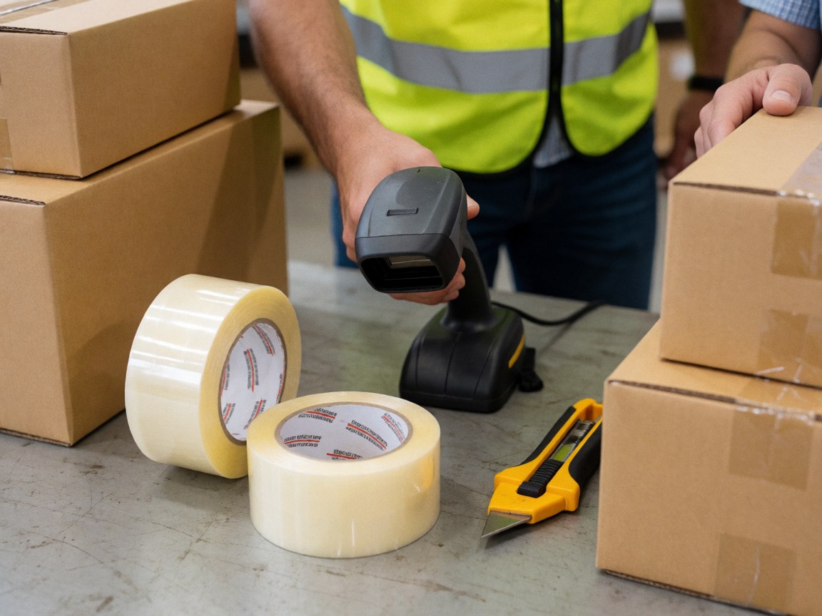 Logistics worker scanning cardboard boxes with a handheld scanner on a work table surrounded by tape and tools