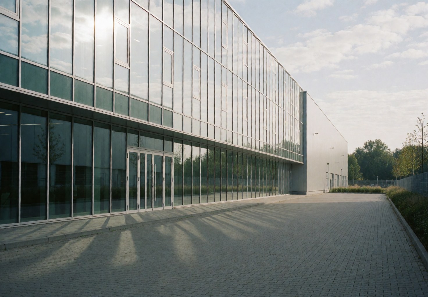 Exterior view of a modern logistics warehouse with large glass windows reflecting the sky and clouds, situated on a paved street in Hamburg.