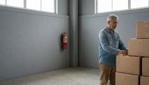 A business owner stands calmly in a warehouse surrounded by boxes, organizing inventory near a window with natural light.