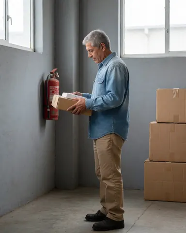 A man scanning packages in a warehouse with gray walls, stacked boxes, and a red fire extinguisher on the wall.