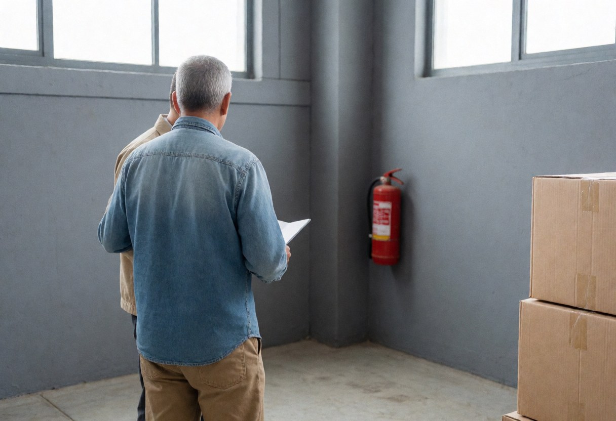 A man helps a customer in an industrial warehouse with boxes and a red fire extinguisher under natural light from high windows.