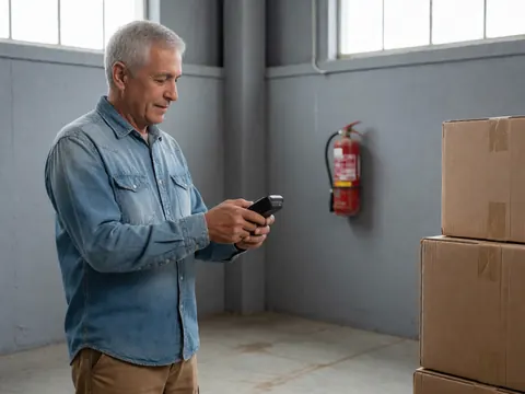 A man in a warehouse scans a barcode with a handheld scanner, surrounded by cardboard boxes and a red fire extinguisher on a gray wall near a window.