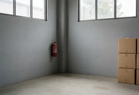 Interior view of an empty industrial warehouse featuring gray walls, high windows, a red fire extinguisher, and a stack of cardboard boxes in the corner.
