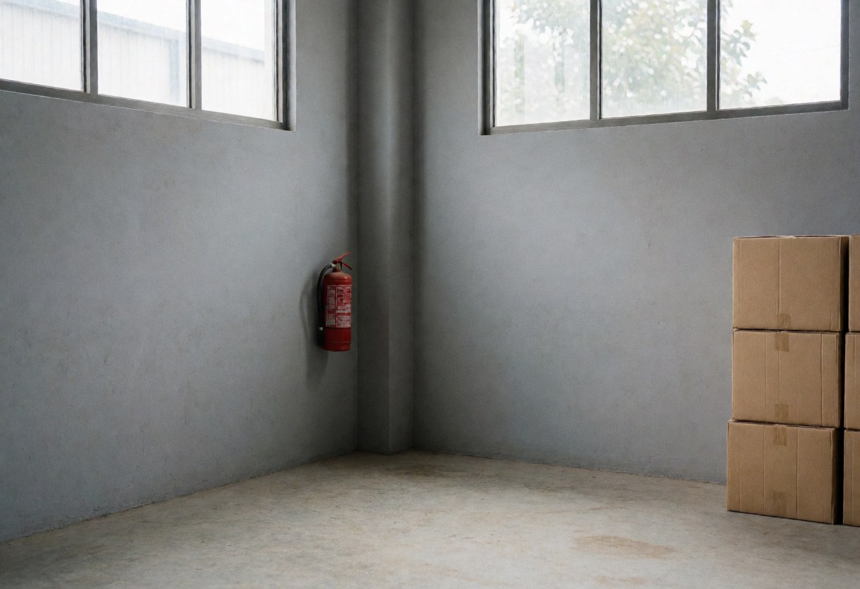 Interior view of an empty industrial warehouse featuring gray walls, high windows, a red fire extinguisher, and a stack of cardboard boxes in the corner.